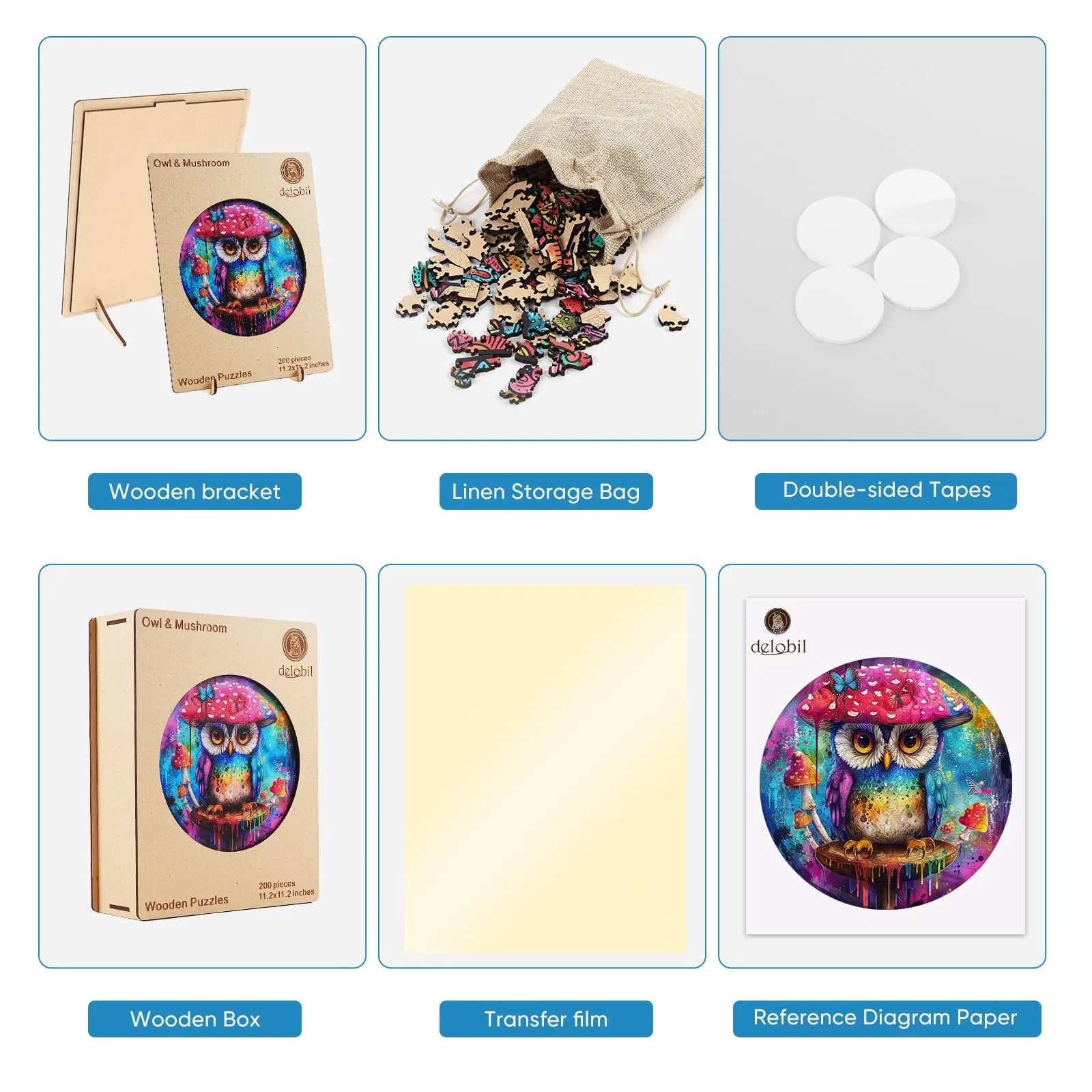 Owl mushroom wooden puzzle with laser-cut wood pieces