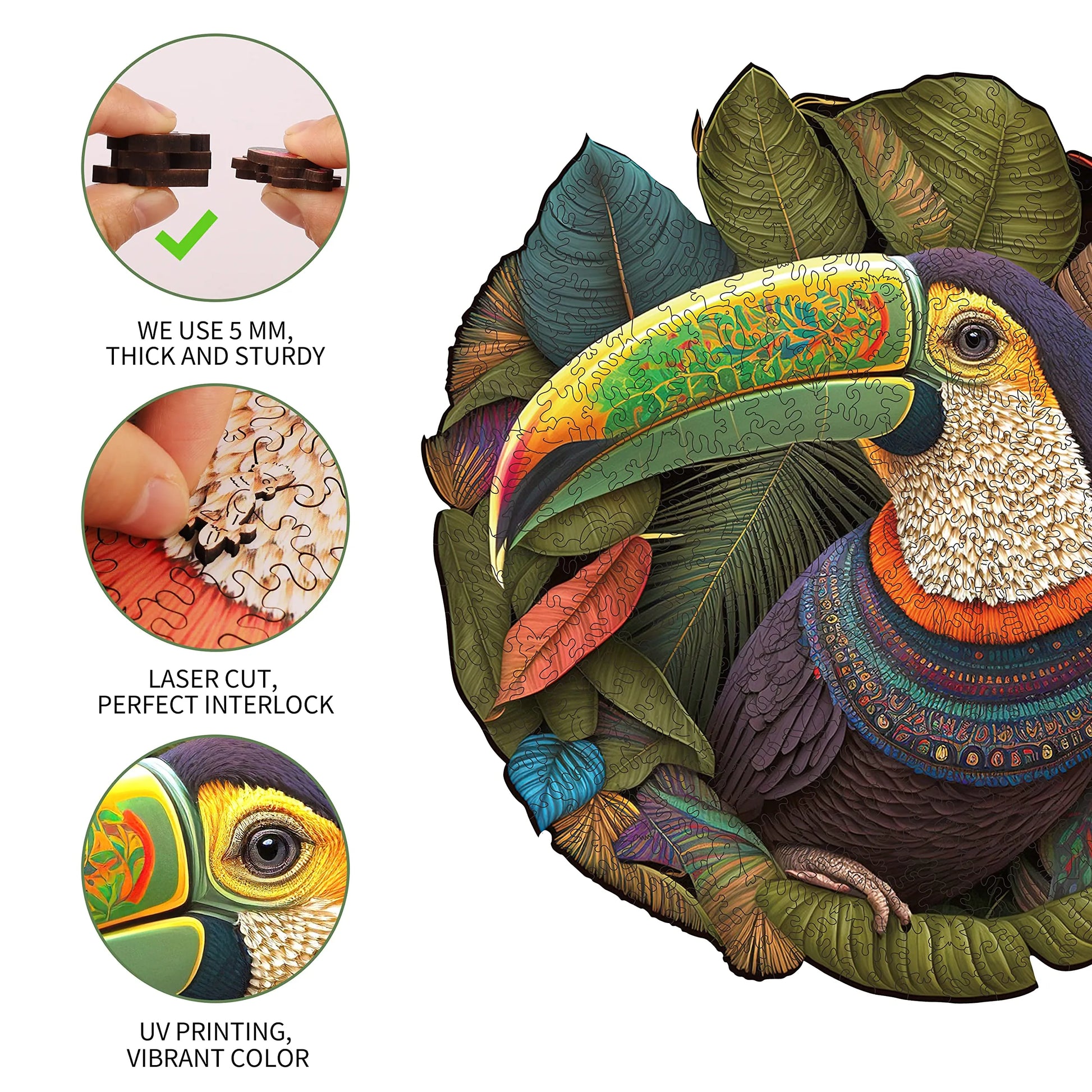 Whimsical wooden jigsaw puzzle – colorful parrot design
