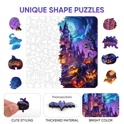 Wooden jigsaw puzzle gift – pumpkin castle autumn design
