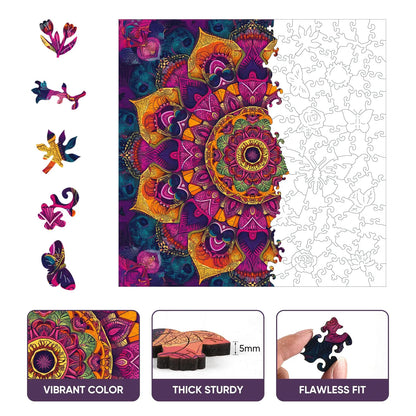 Whimsical wooden jigsaw puzzle – calming purple mandala design