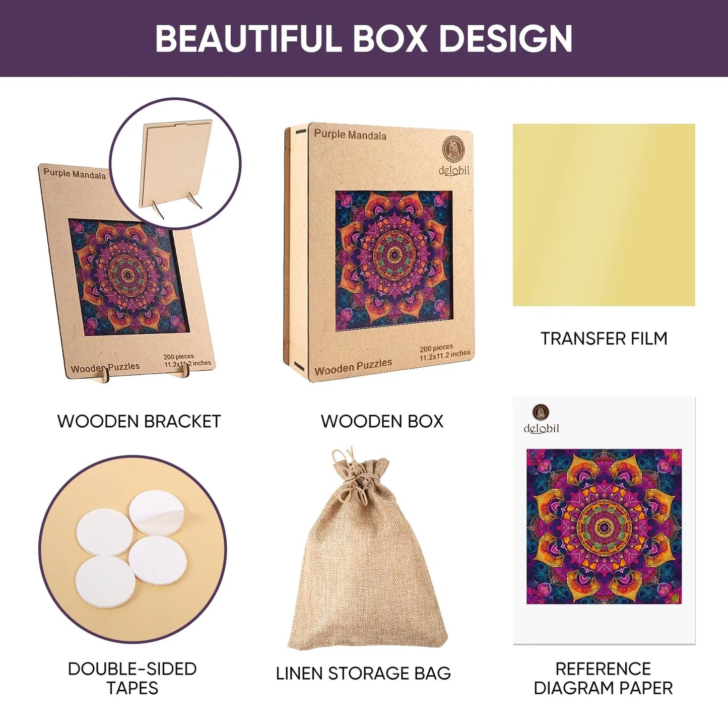 Purple mandala design wooden jigsaw puzzle for adults