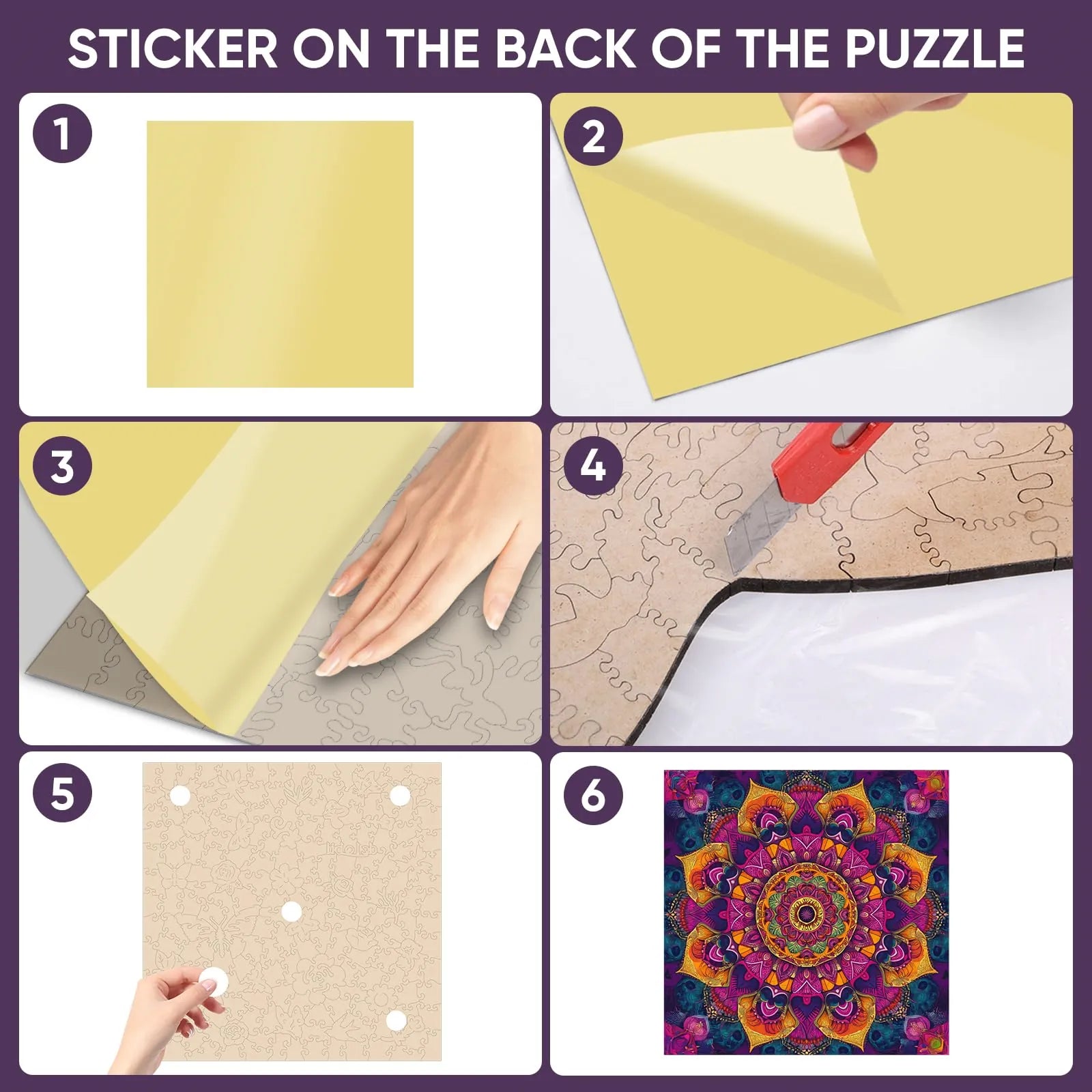Purple mandala wooden puzzle with laser-cut wood pieces