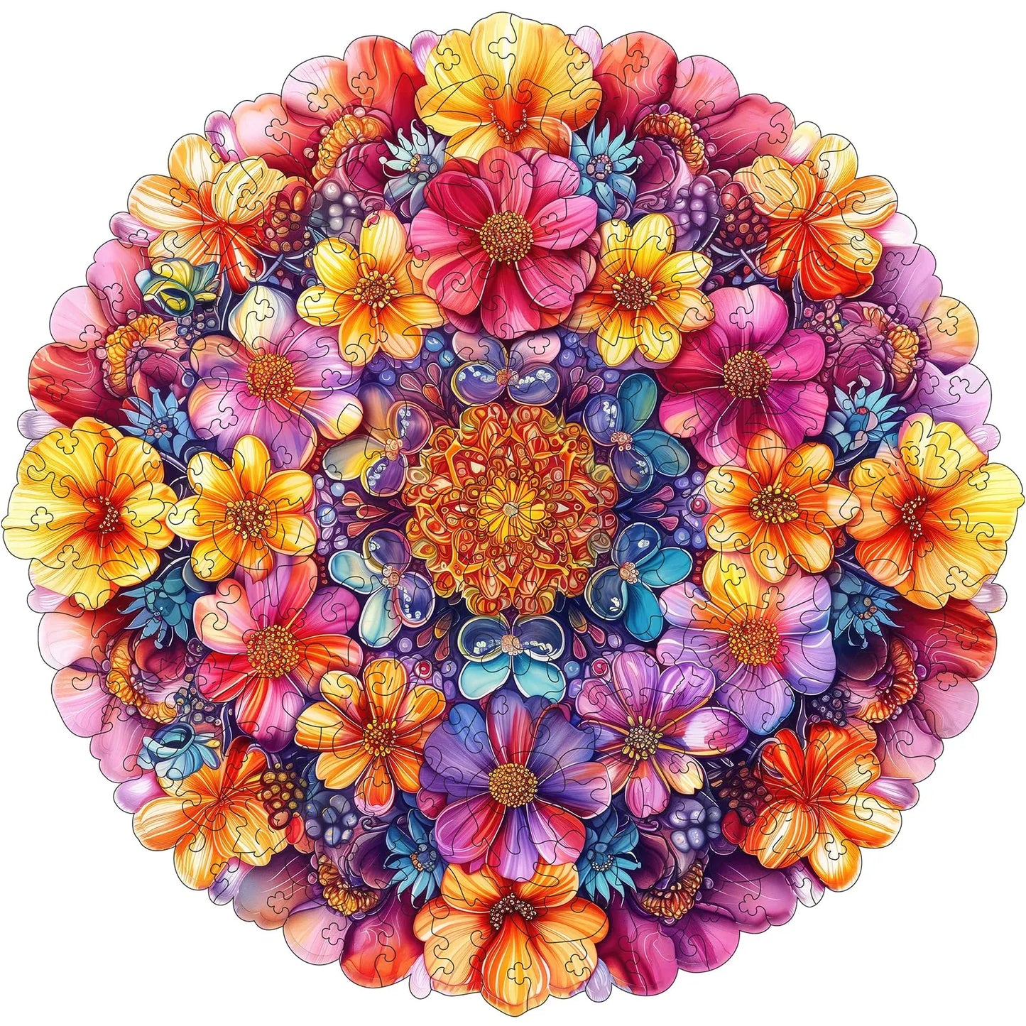 Round flower wooden jigsaw puzzle for adults with unique shaped pieces