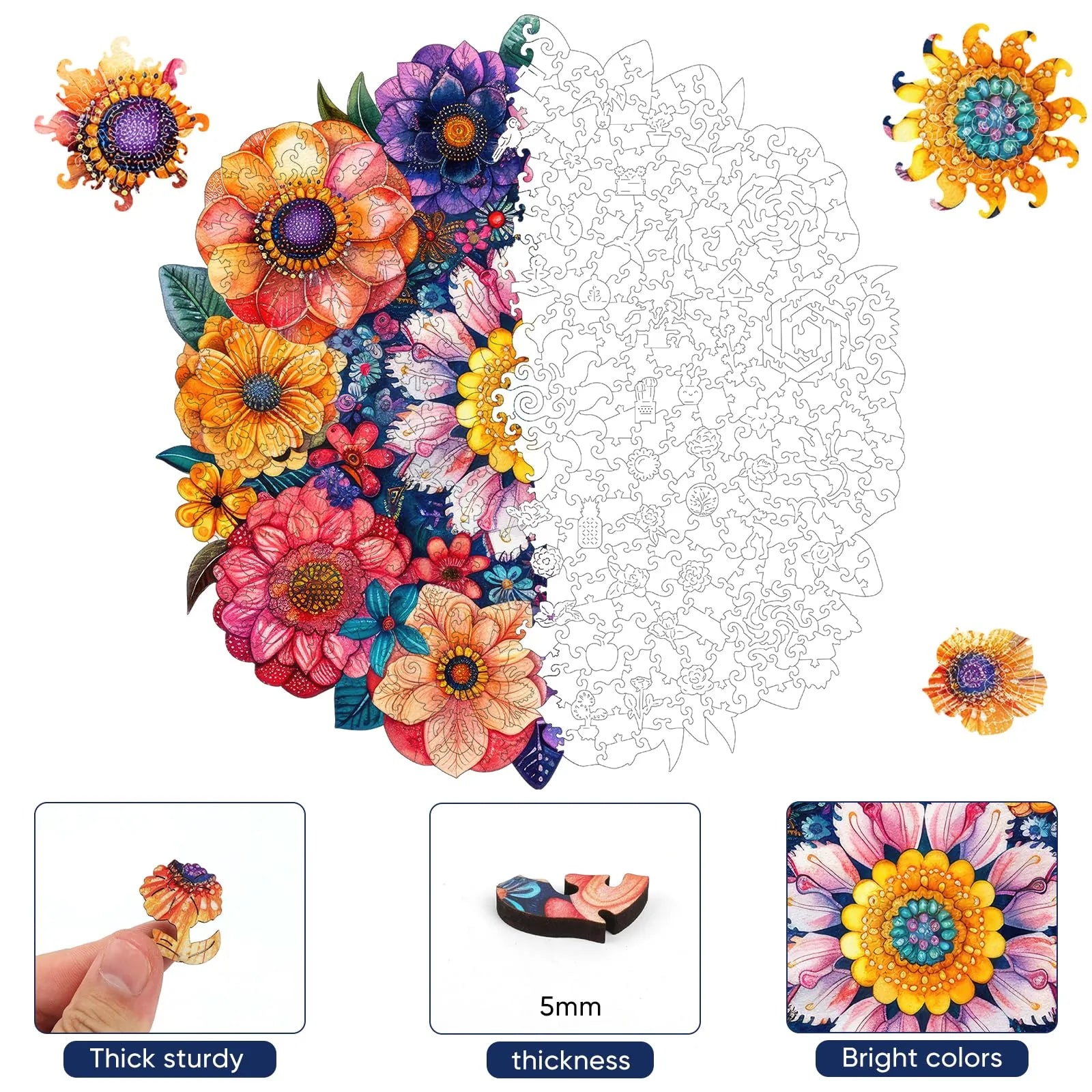 Round flower wooden puzzle with laser-cut wood pieces