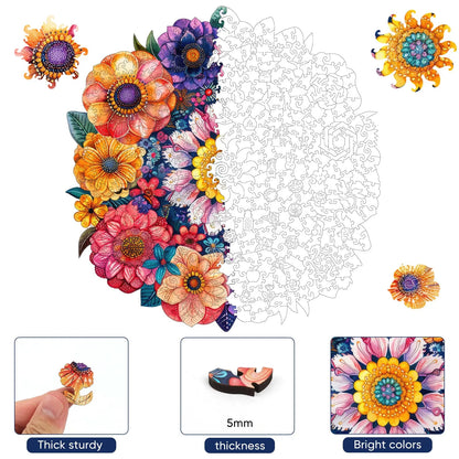 Round flower wooden puzzle with laser-cut wood pieces