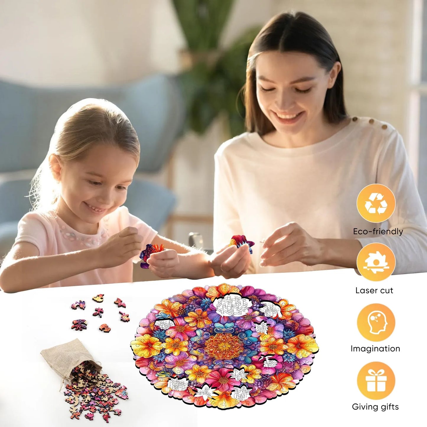 Round flower wood puzzle for adults – 200 and 500 piece options