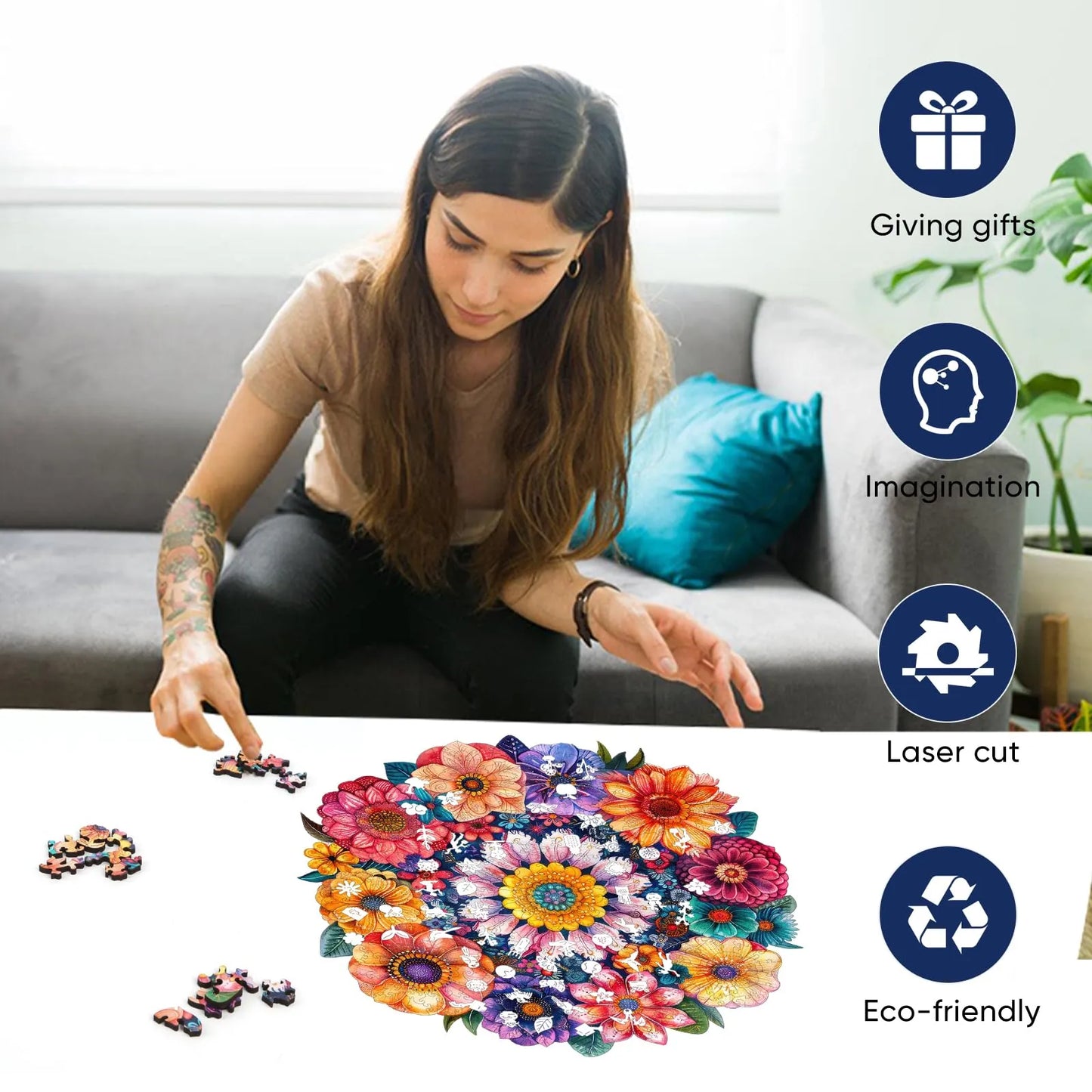 Round flower wood puzzle for adults – 200 and 500 piece options