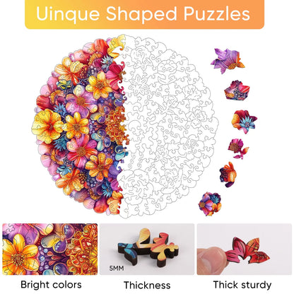 Whimsical wooden jigsaw puzzle – circular floral design