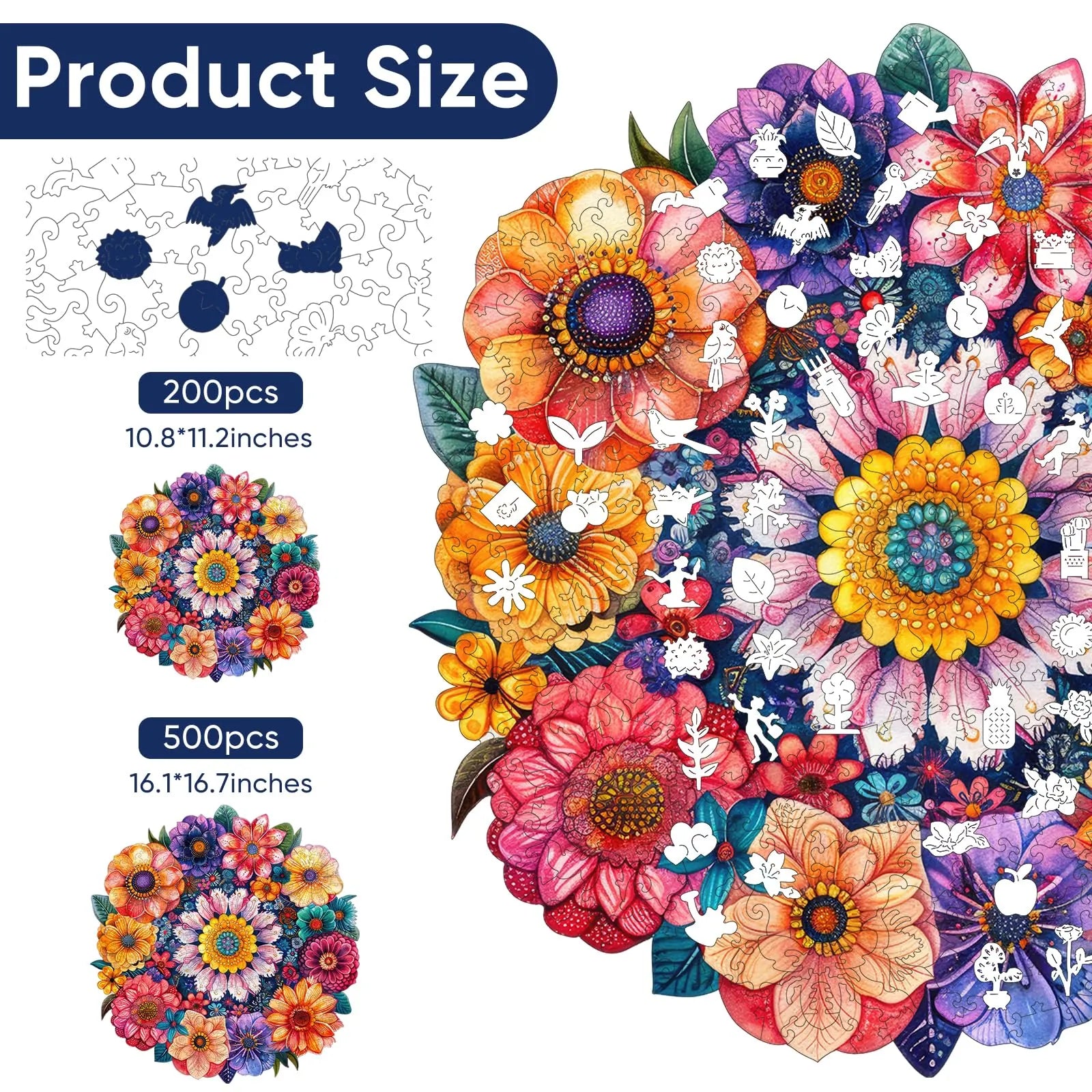 Whimsical wooden jigsaw puzzle – blooming round flower design