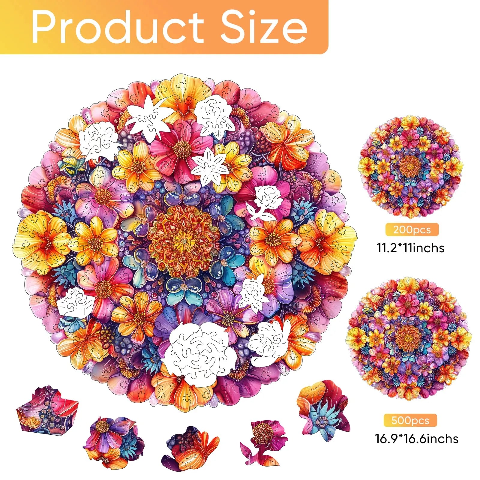 Round flower wooden puzzle with laser-cut wood pieces