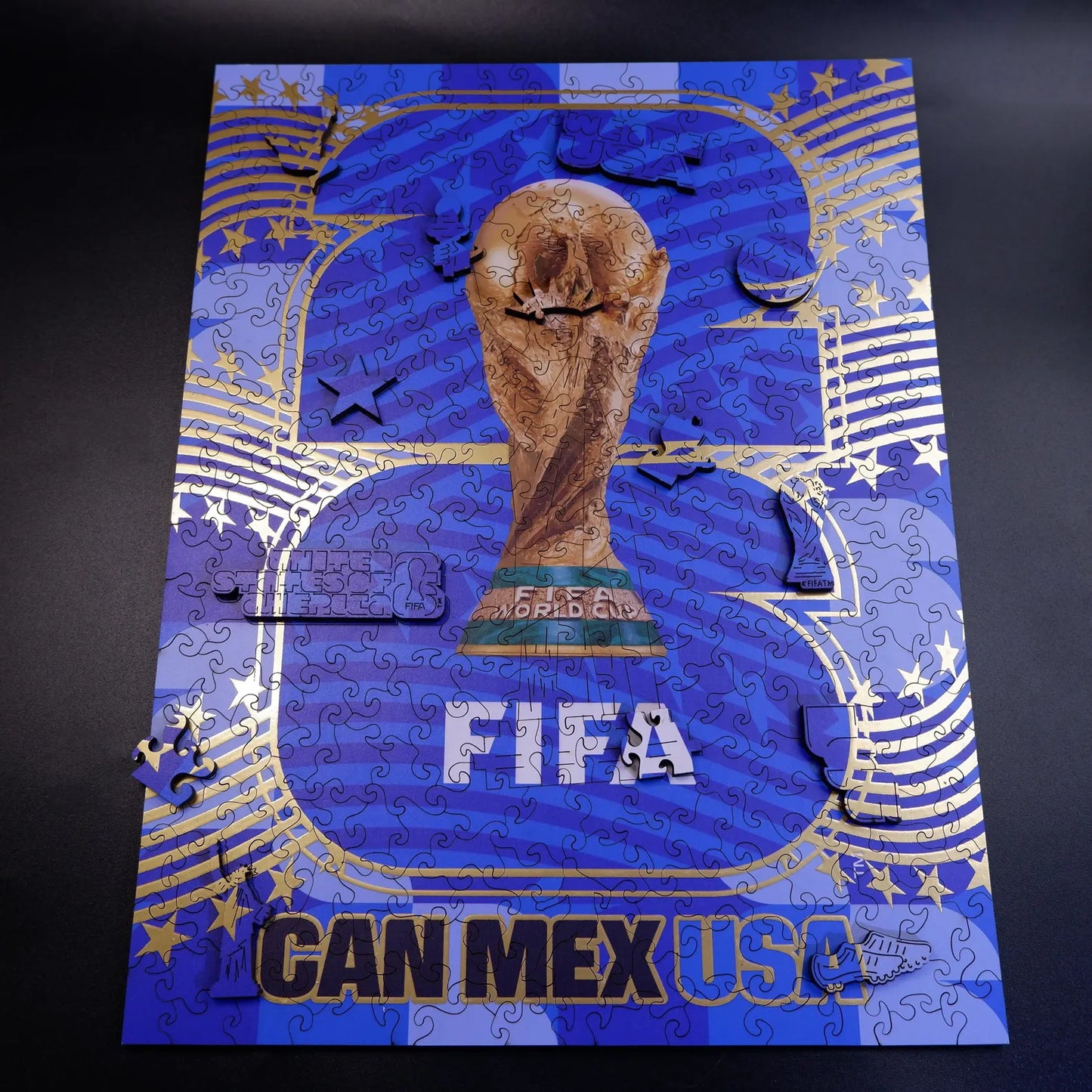 FIFA World Cup 2026 USA logo wooden puzzle with laser-cut pieces