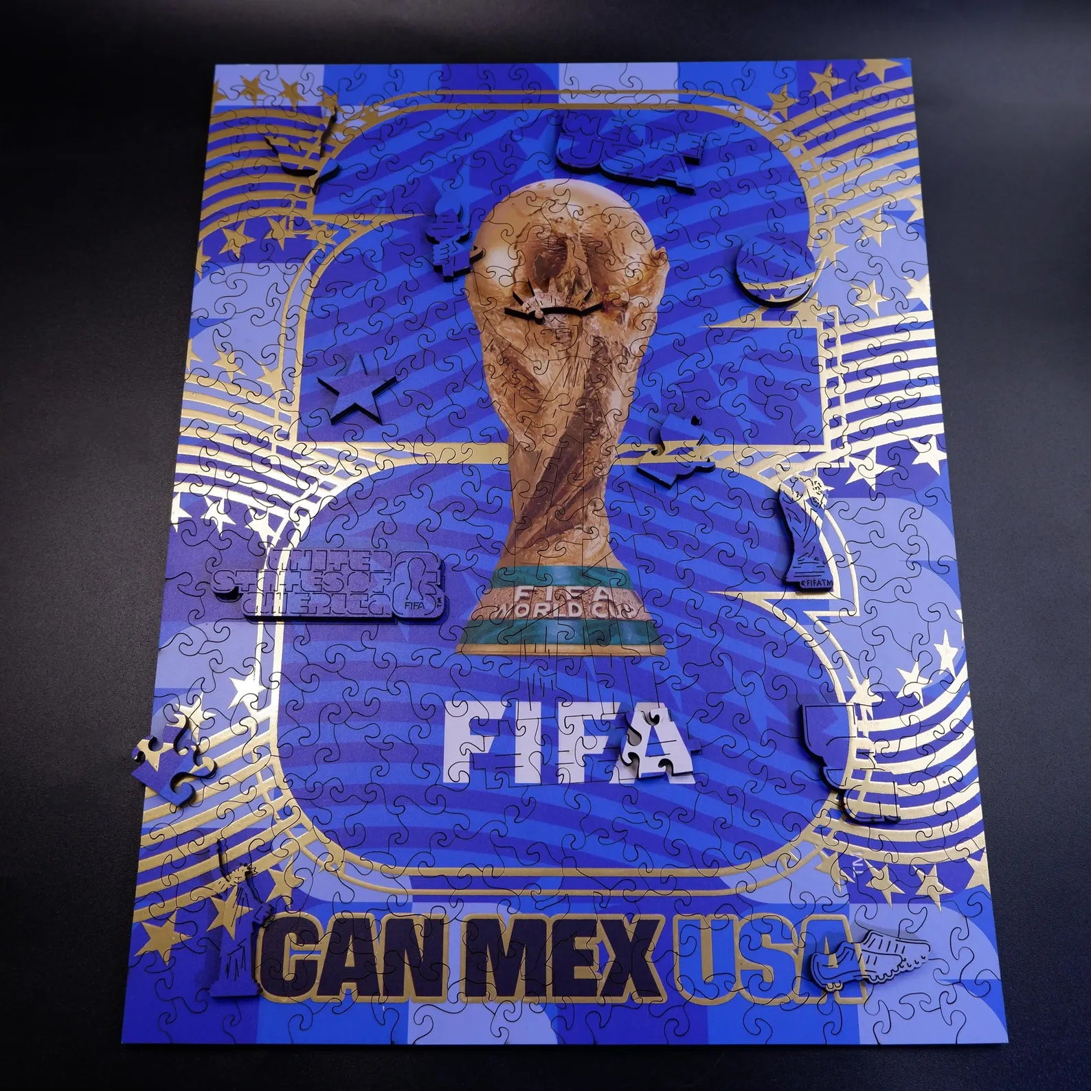 FIFA World Cup 2026 USA logo wooden puzzle with laser-cut pieces