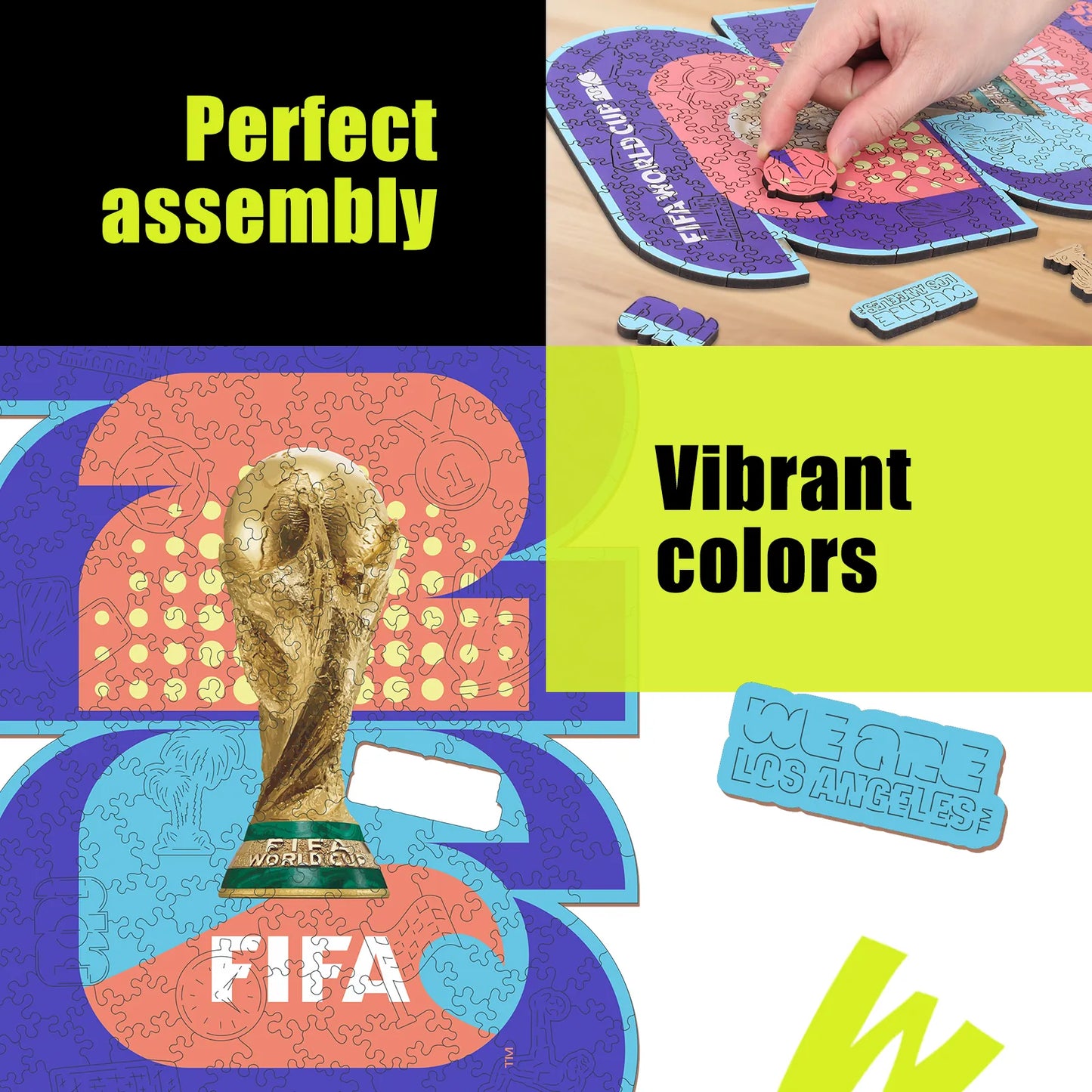 FIFA World Cup 2026 LA logo wooden puzzle with laser-cut pieces