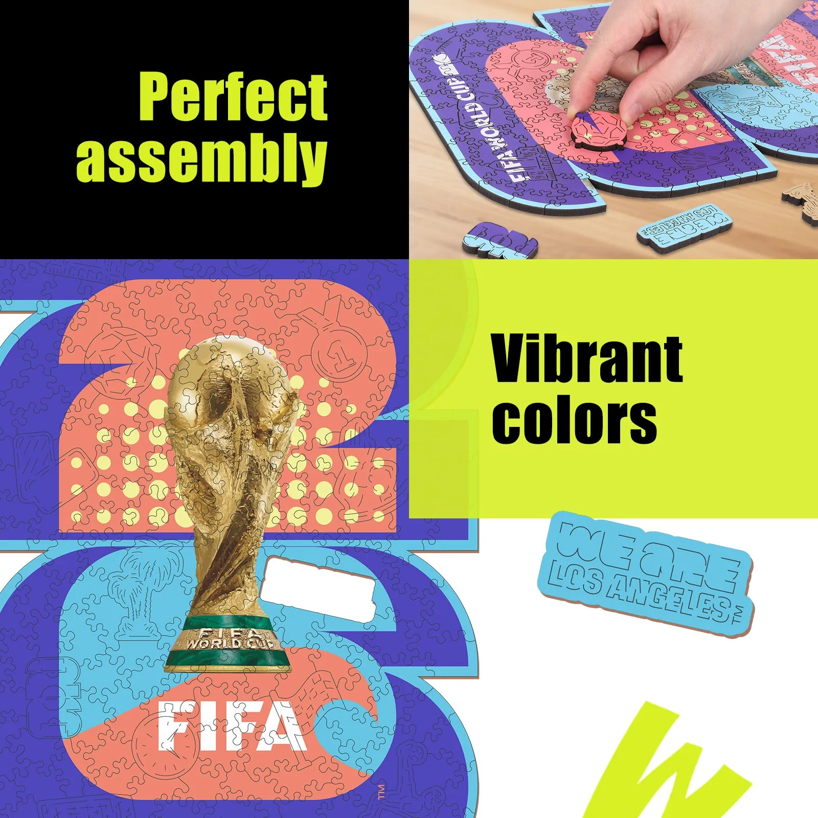 FIFA World Cup 2026 LA logo wooden puzzle with laser-cut pieces
