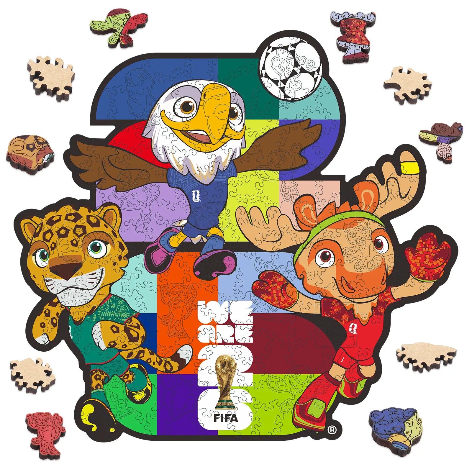 FIFA World Cup 2026 USACANMEX mascots 26 wooden jigsaw puzzle – officially licensed