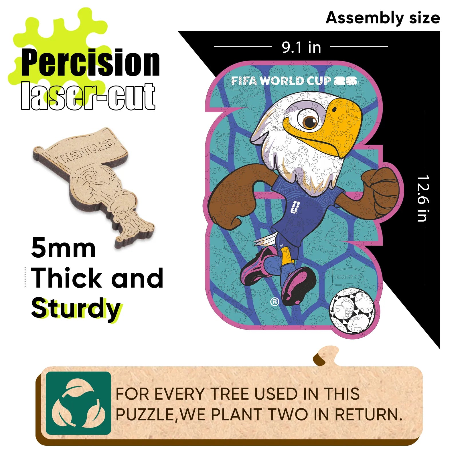 FIFA World Cup 2026 USA mascots wooden puzzle with laser-cut pieces
