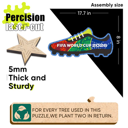 FIFA World Cup 2026 soccer boot wooden puzzle with laser-cut pieces