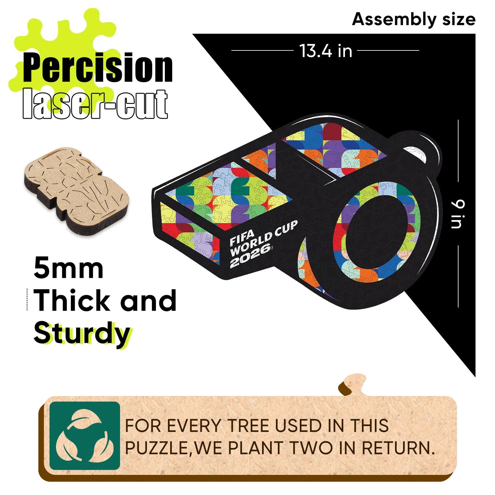 FIFA World Cup 2026 whistle wooden puzzle with laser-cut pieces