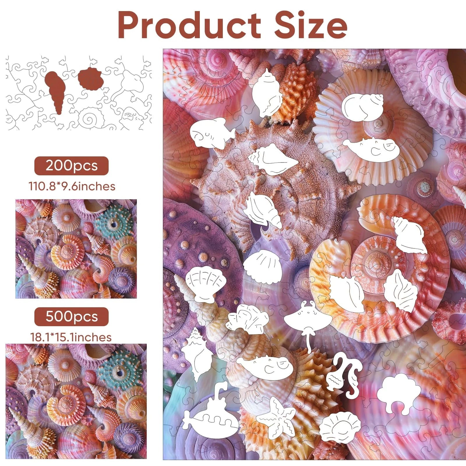 Whimsical wooden jigsaw puzzle – coastal sea shell design