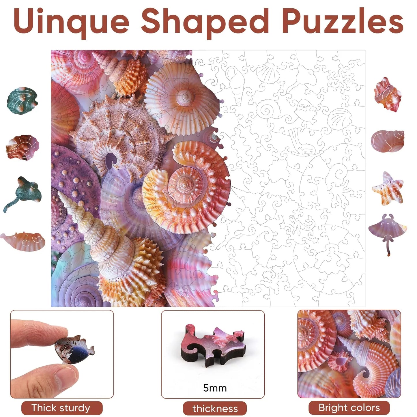 Wooden jigsaw puzzle gift – sea shell ocean design