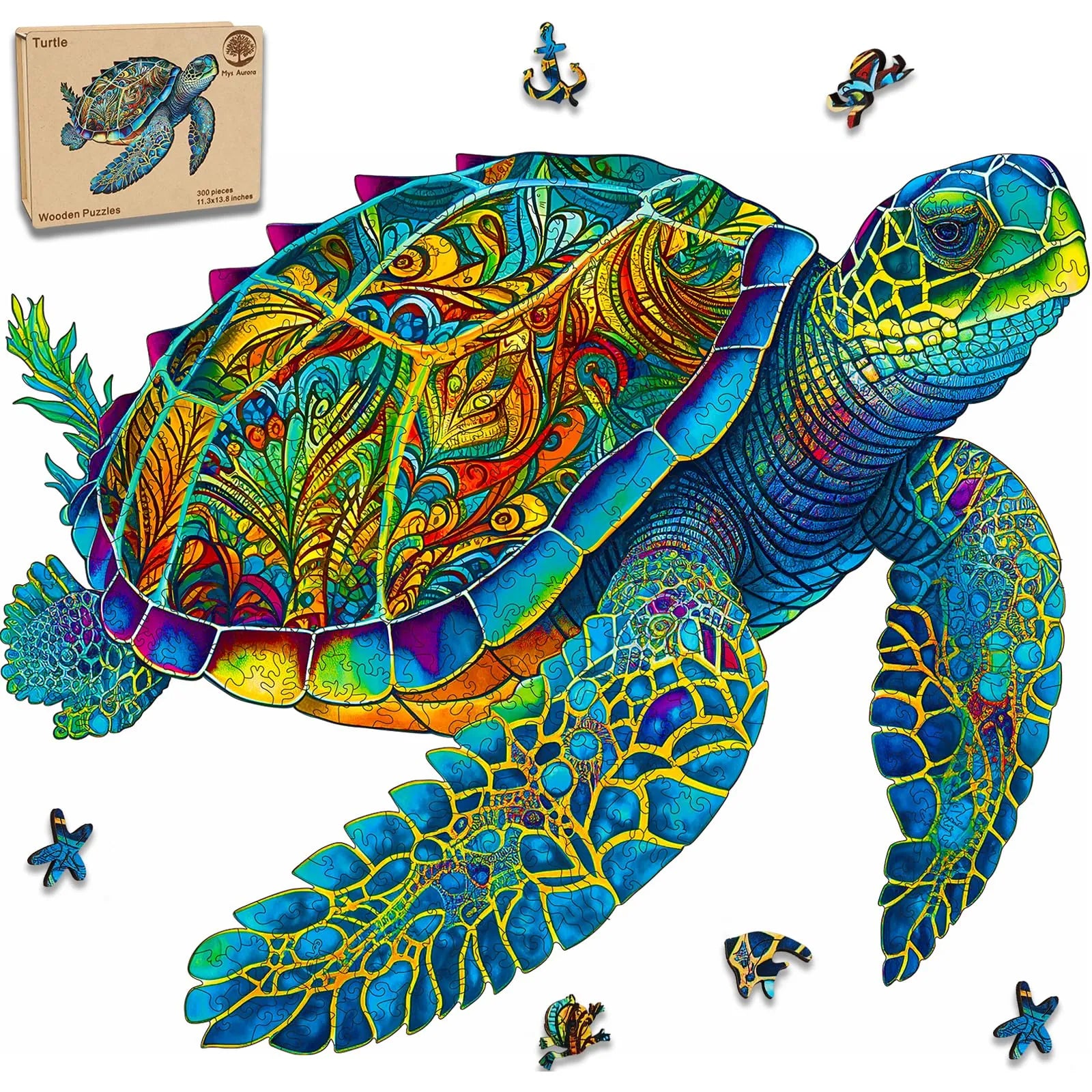 Sea turtle wooden jigsaw puzzle for adults with unique animal-shaped pieces