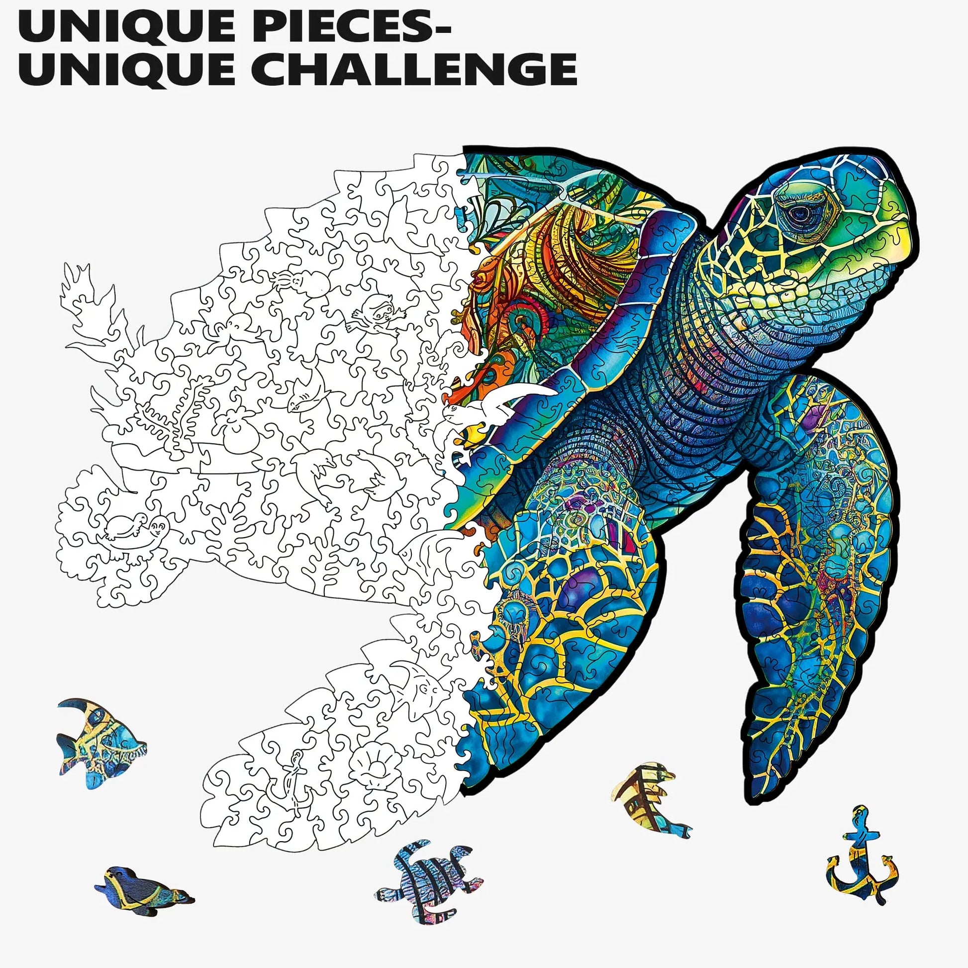 Whimsical wooden jigsaw puzzle in sea turtle shape