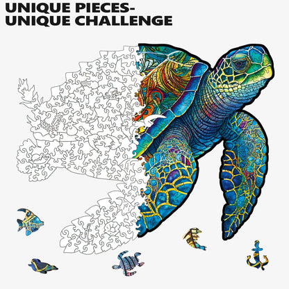 Whimsical wooden jigsaw puzzle in sea turtle shape