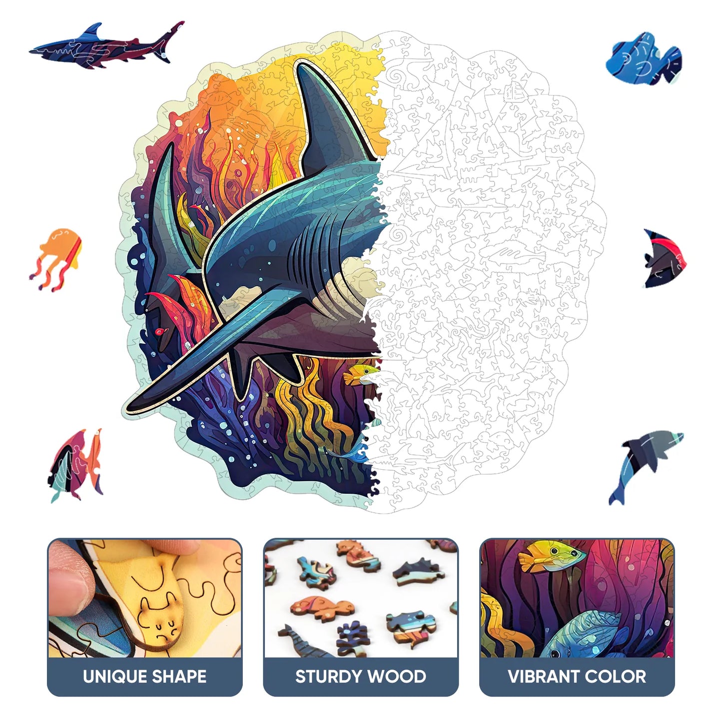 Whimsical wooden jigsaw puzzle – striking shark design