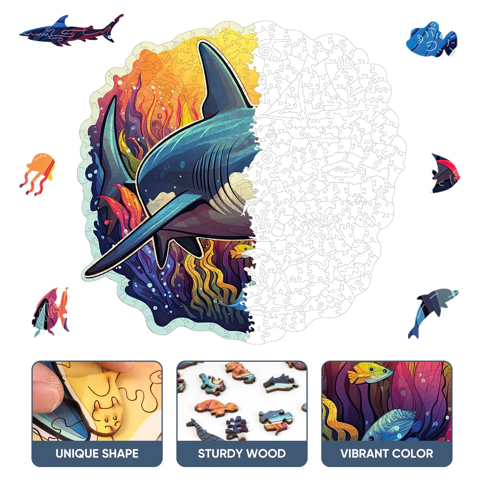 Whimsical wooden jigsaw puzzle – striking shark design