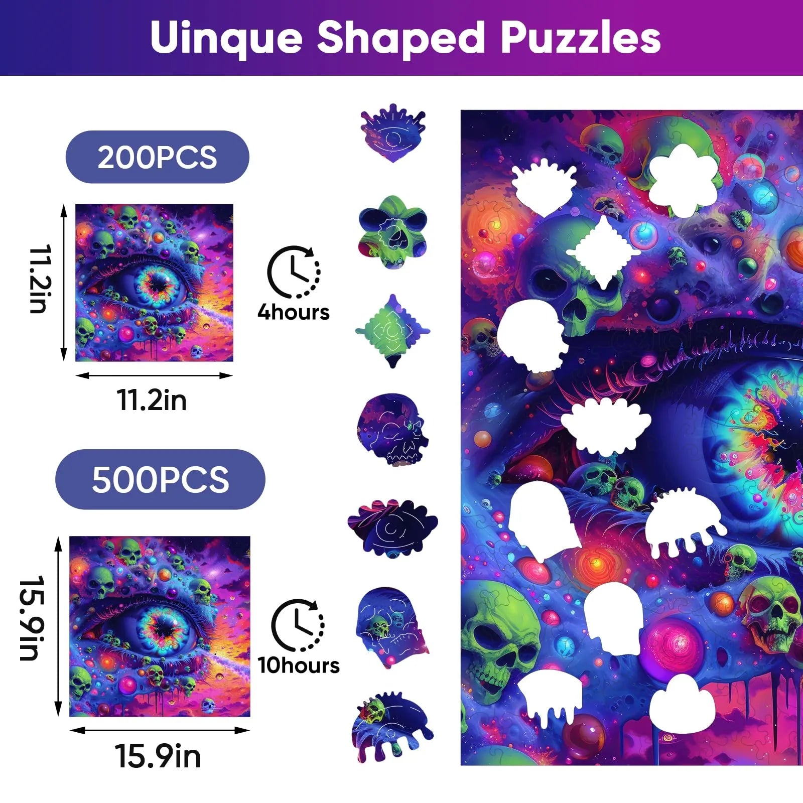 Whimsical wooden jigsaw puzzle – edgy skulls design
