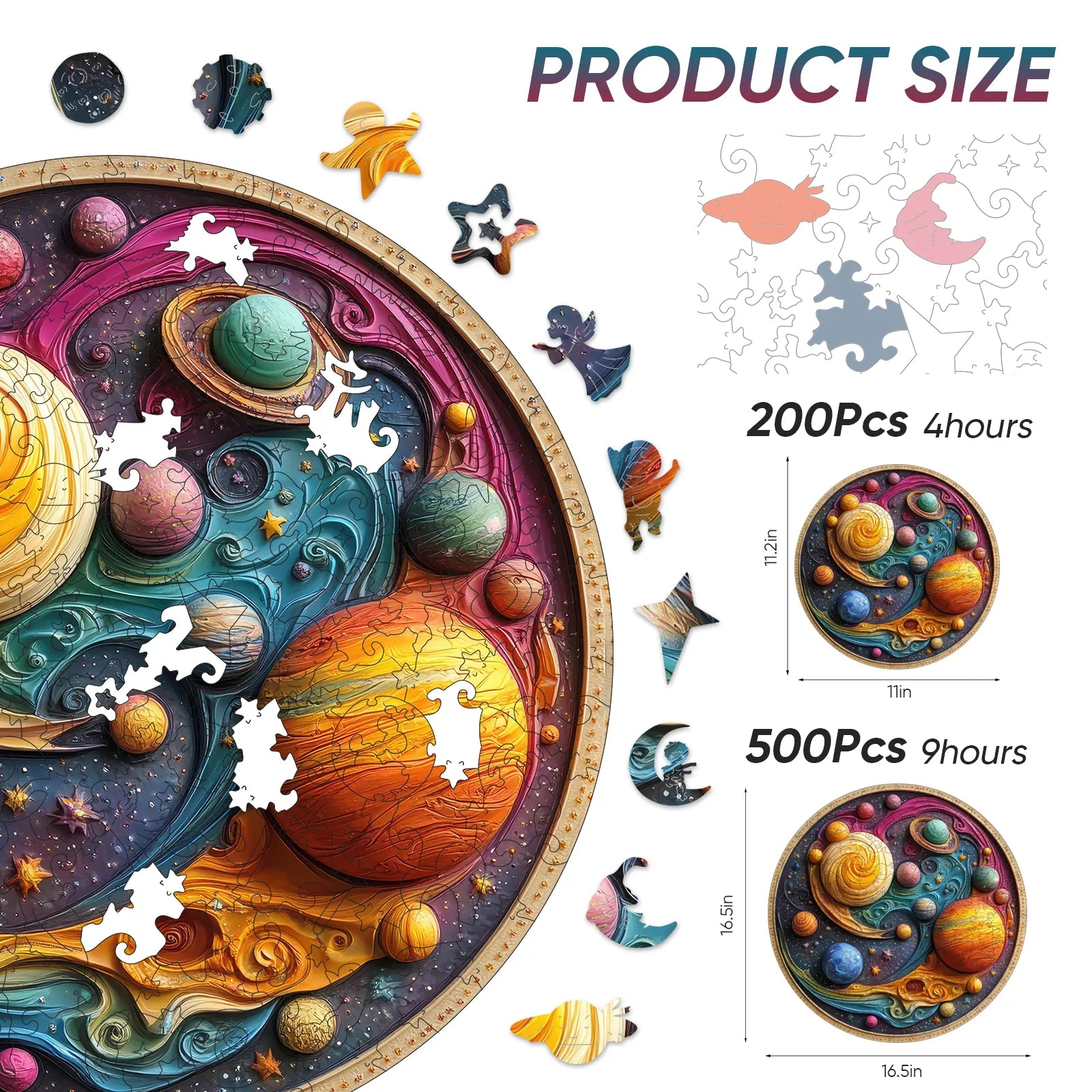 Whimsical wooden jigsaw puzzle – cosmic planets design