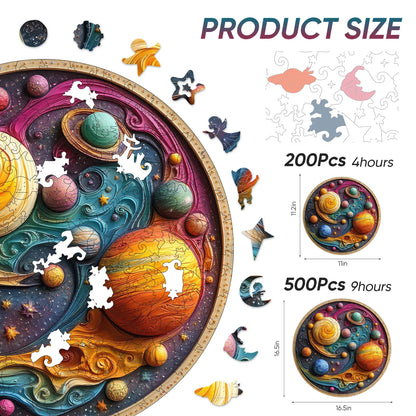 Whimsical wooden jigsaw puzzle – cosmic planets design