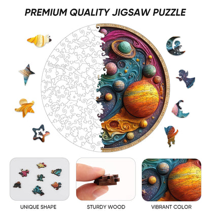 Solar system wooden puzzle with laser-cut wood pieces