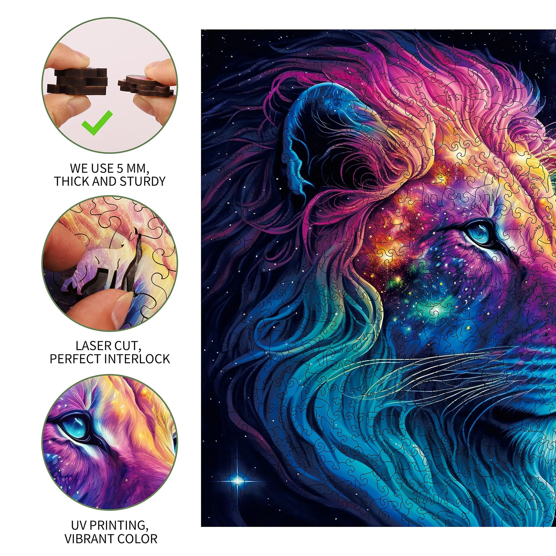 Whimsical wooden jigsaw puzzle – starry lion design