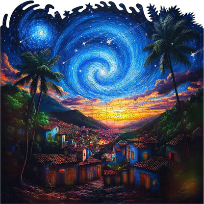 Starry night wooden jigsaw puzzle for adults with unique shaped pieces