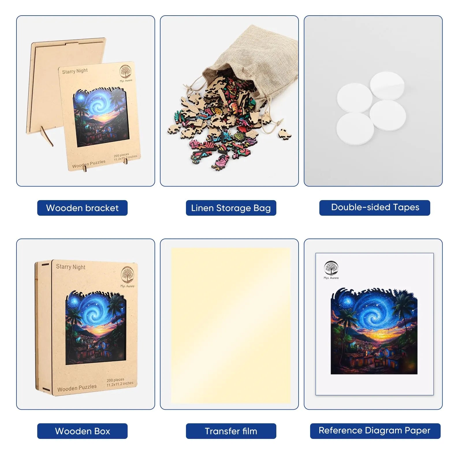 Starry night wooden puzzle with laser-cut wood pieces