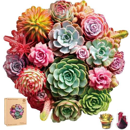 Succulent bouquet wooden jigsaw puzzle for adults with unique shaped pieces