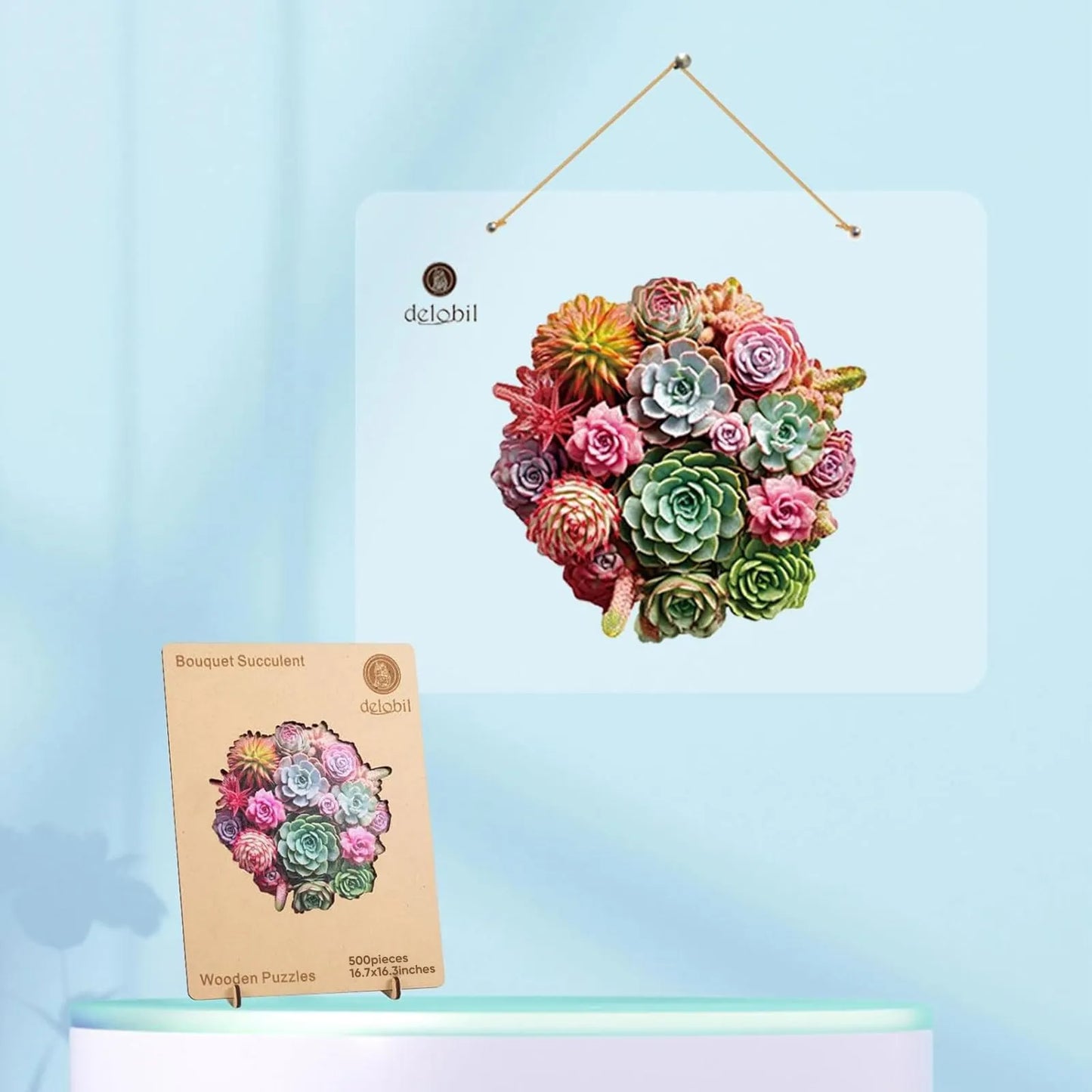 Succulent bouquet wooden puzzle with laser-cut wood pieces