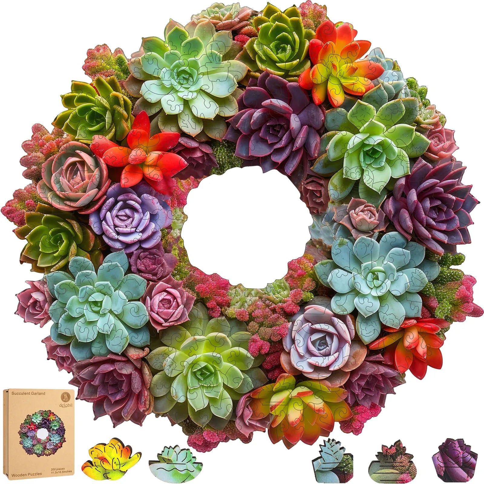 Succulent garland wooden jigsaw puzzle for adults with unique shaped pieces