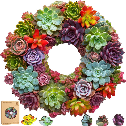 Succulent garland wooden jigsaw puzzle for adults with unique shaped pieces