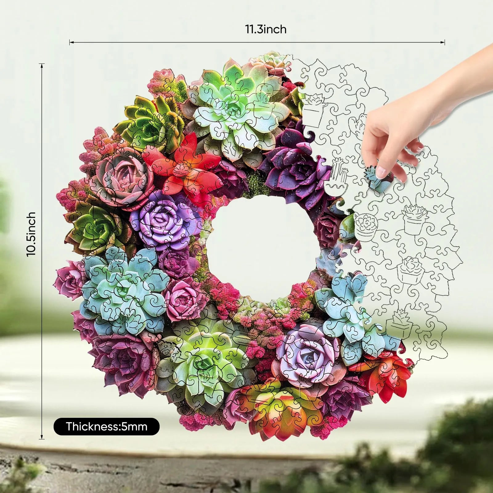Whimsical wooden jigsaw puzzle – succulent garland design