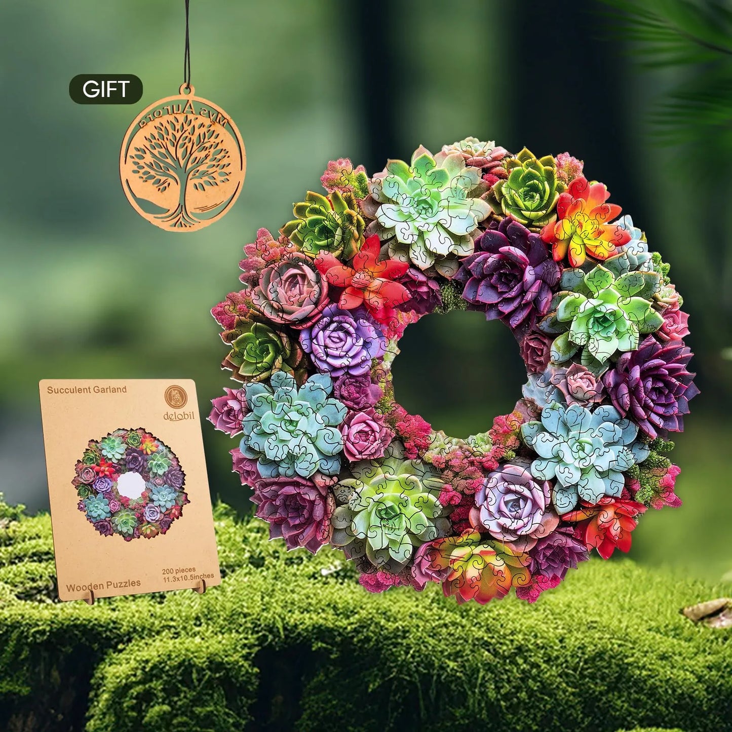 Wooden jigsaw puzzle gift – succulent garland design