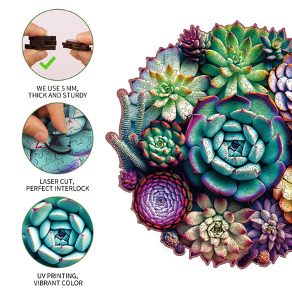 Whimsical wooden jigsaw puzzle – succulent plants design