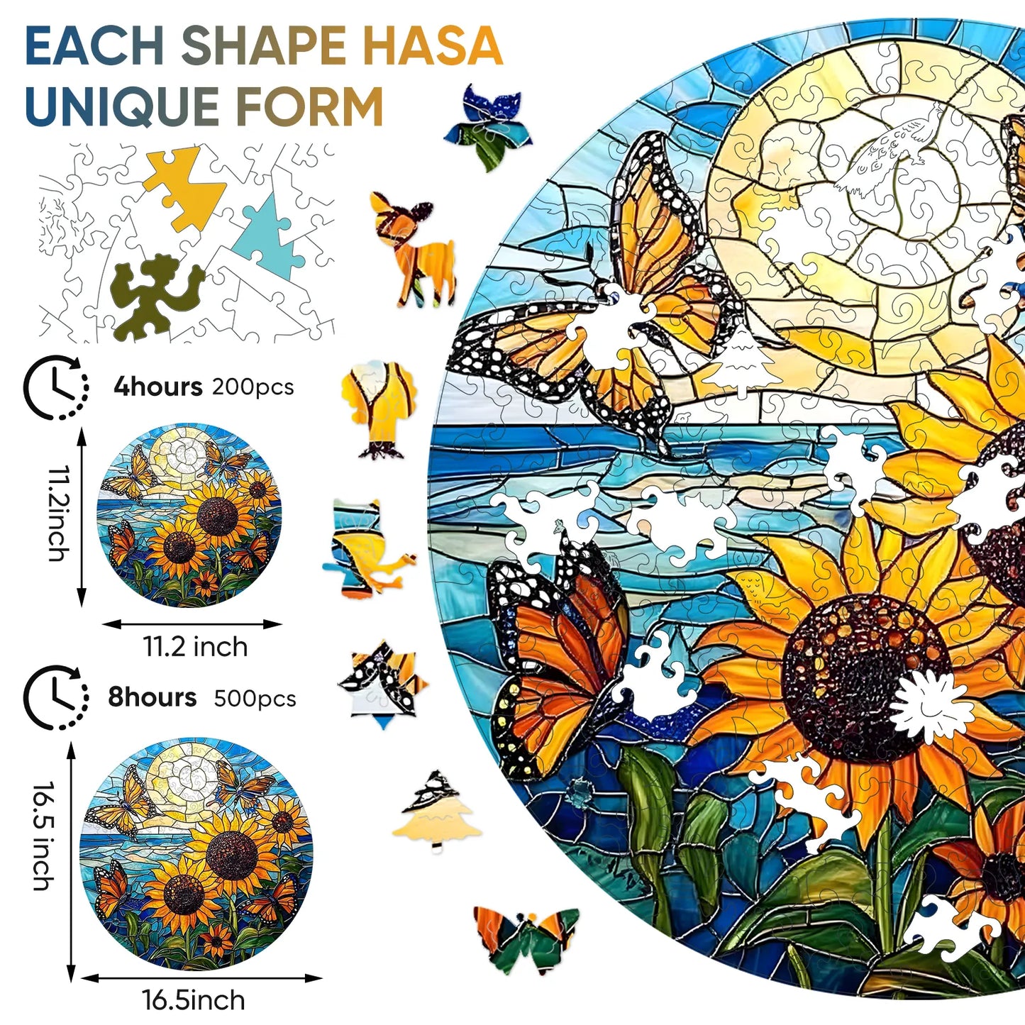 Whimsical wooden jigsaw puzzle – sunny sunflower butterfly design