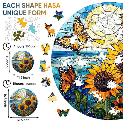 Whimsical wooden jigsaw puzzle – sunny sunflower butterfly design