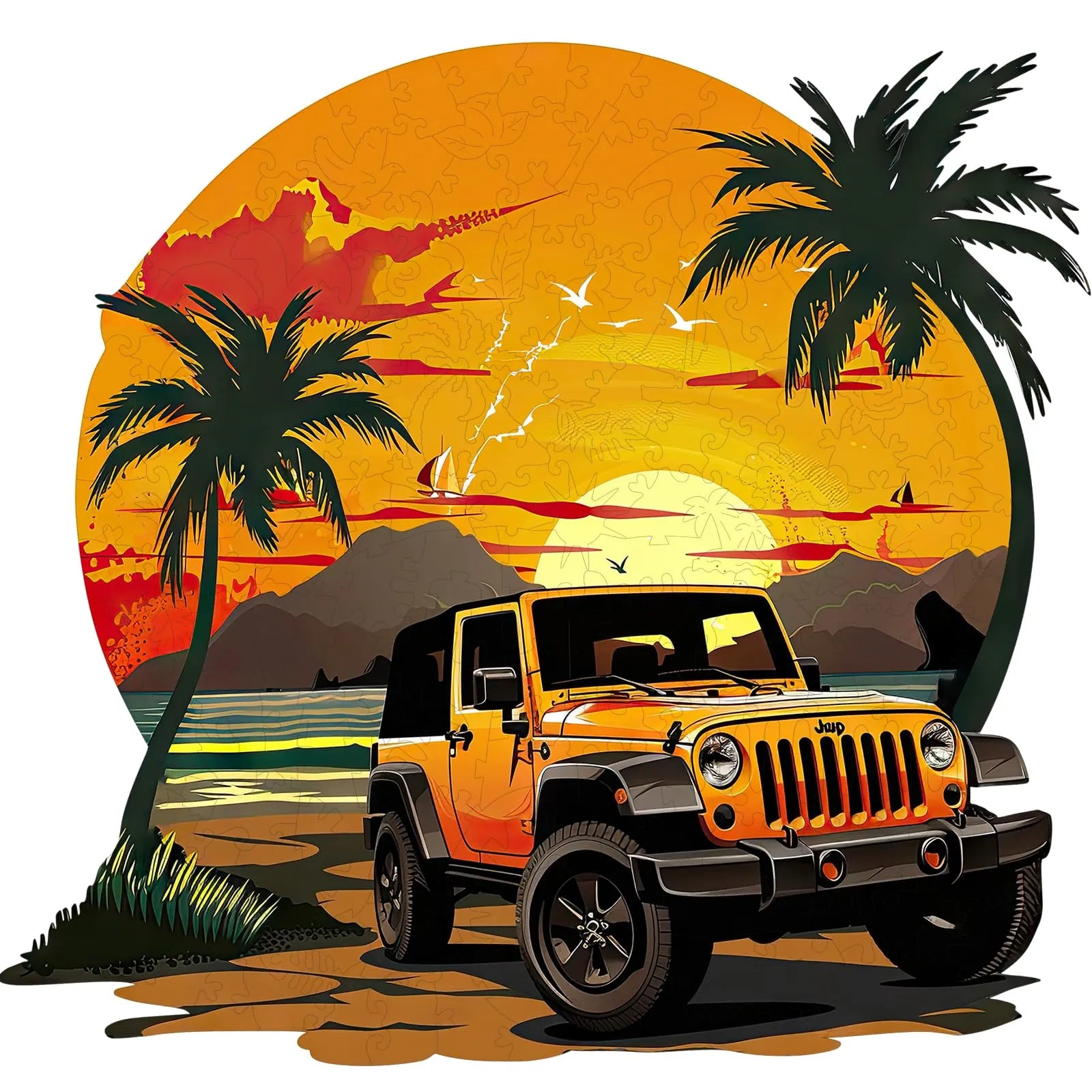 Sunset car wooden jigsaw puzzle for adults with unique shaped pieces