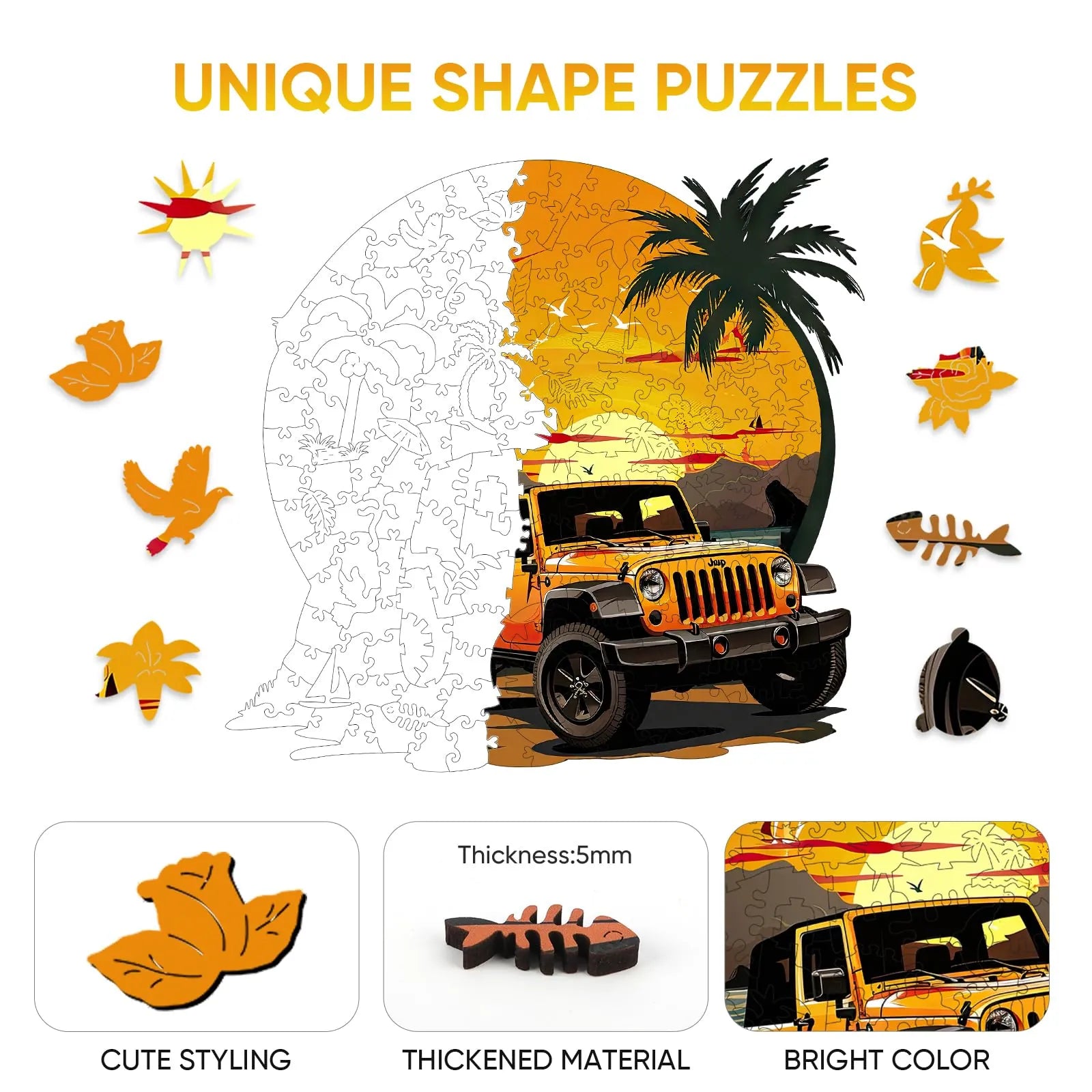 Whimsical wooden jigsaw puzzle – retro road trip design