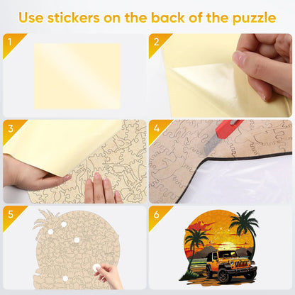 Sunset car wooden puzzle with laser-cut wood pieces