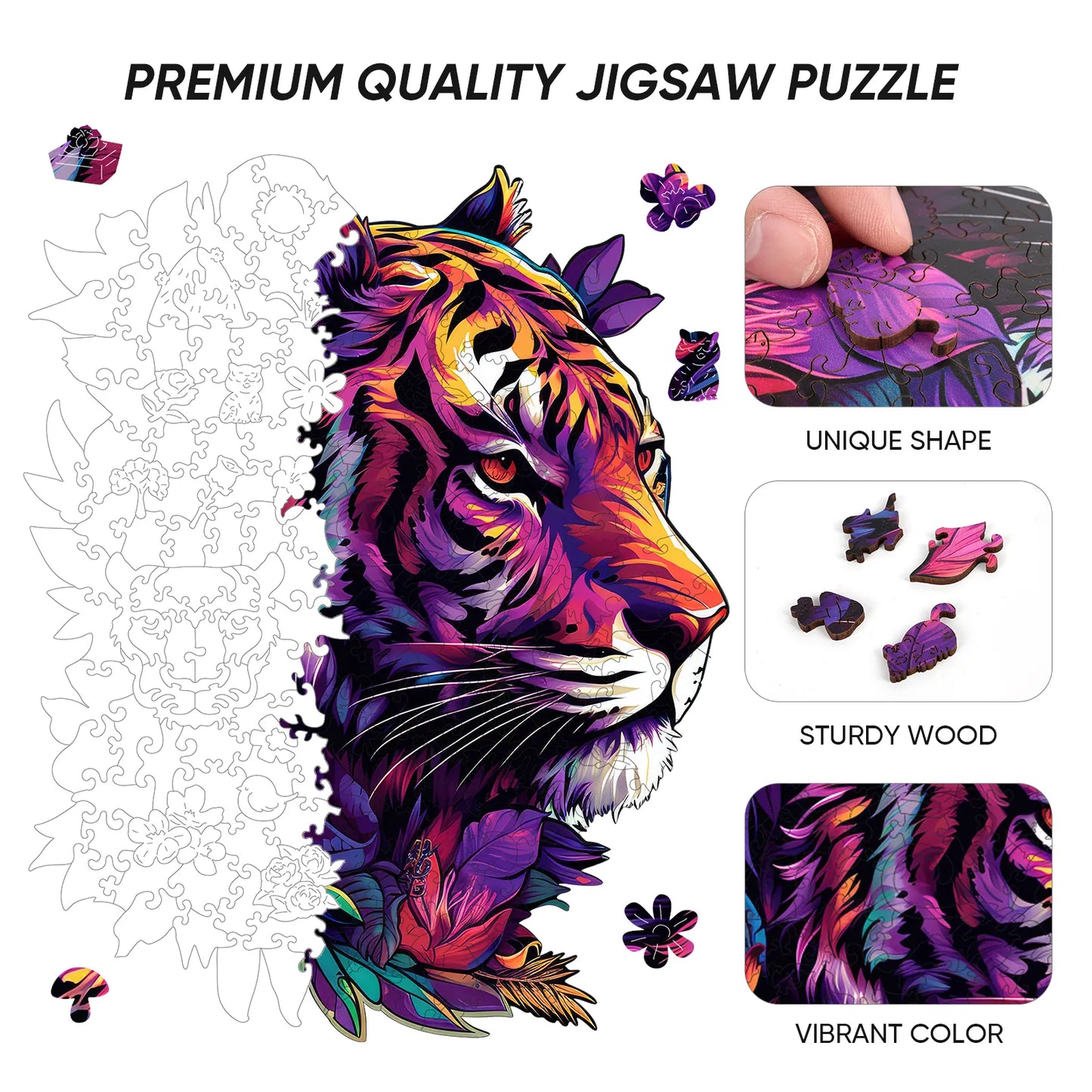 Tiger wooden puzzle with laser-cut wood pieces