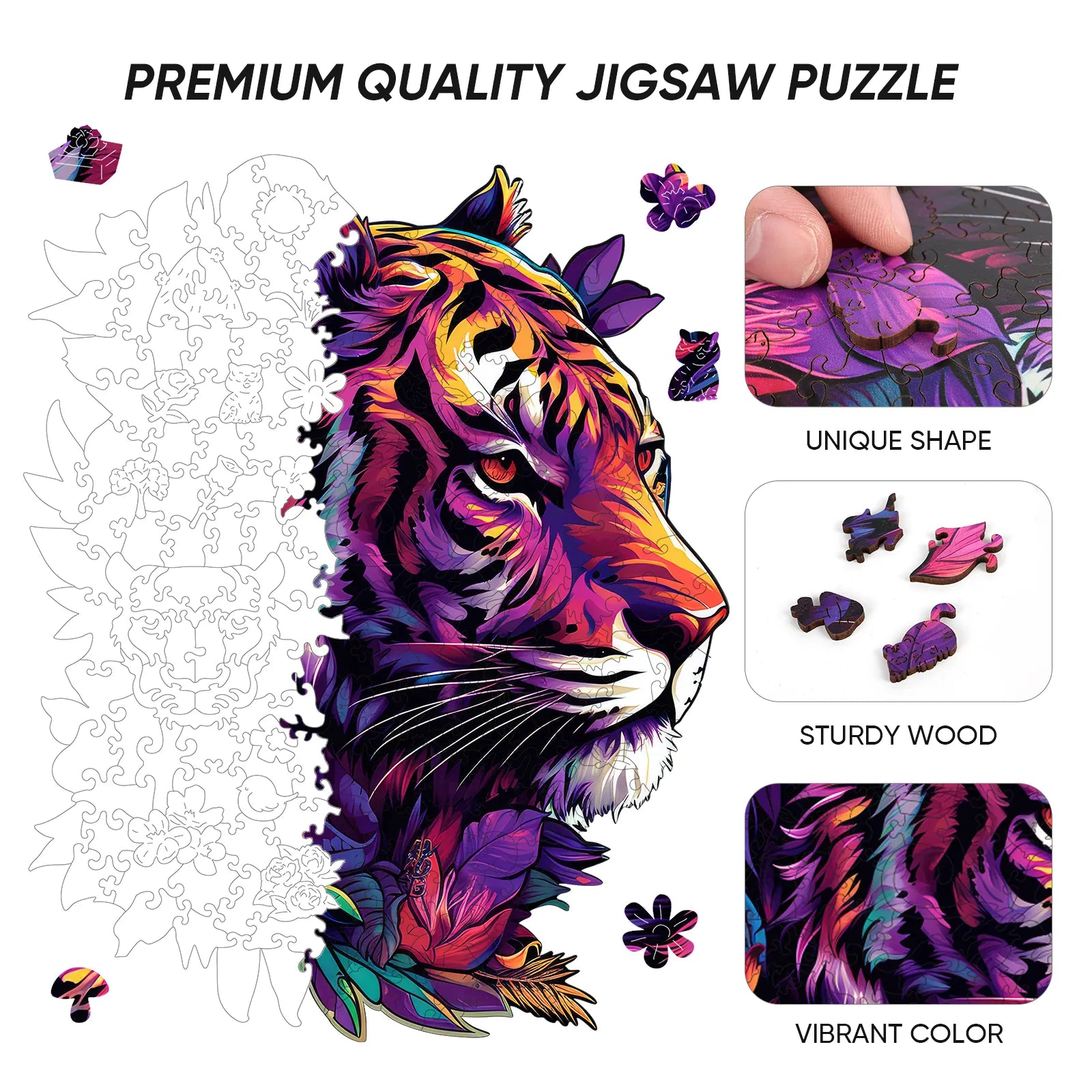 Tiger wooden puzzle with laser-cut wood pieces